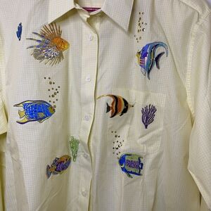 Vintage Tia Design, Vibrant Sea‎ Life Embroidered Button Down Shirt